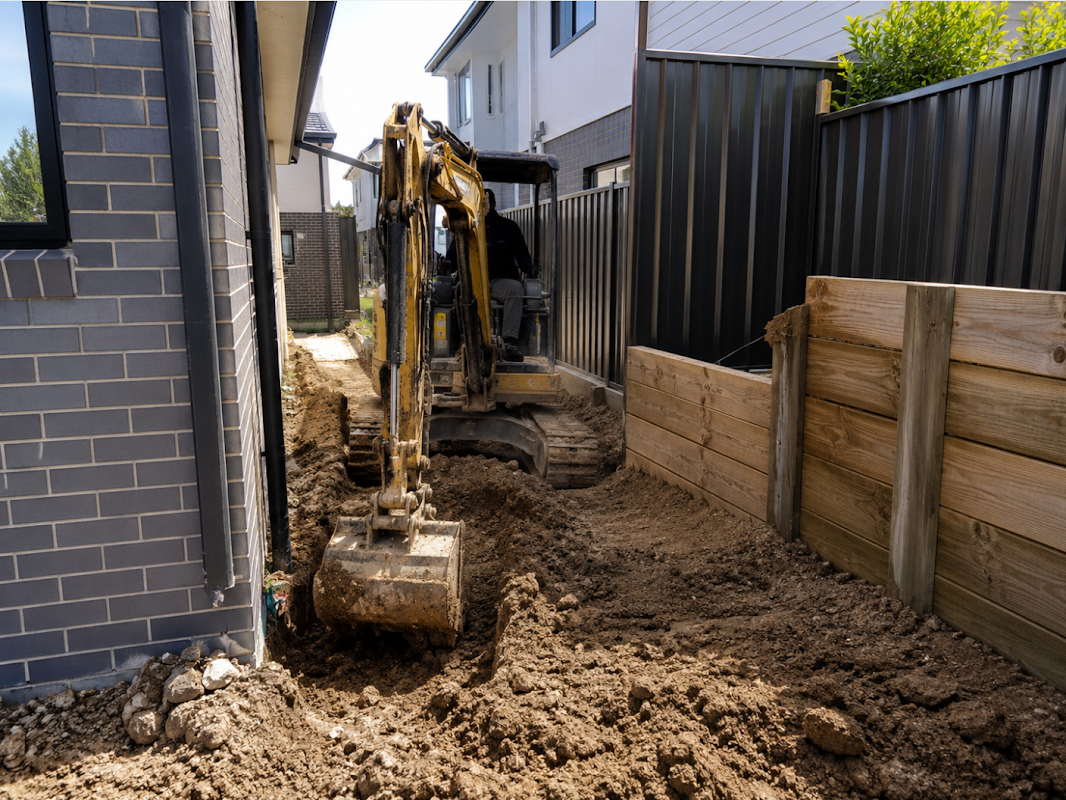 Excavator digging a tight access trench along a home boundary