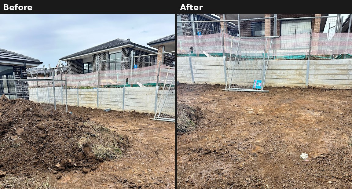 Before and after: dirt pile removed and block levelled ready for building